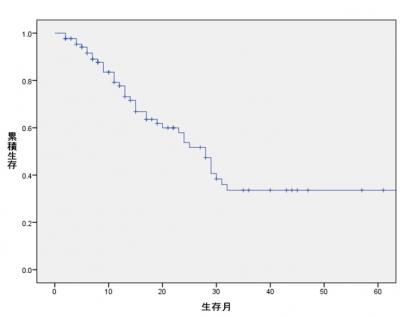 当院の浸潤性膵管癌切除症例予後生存率の折れ線グラフ
